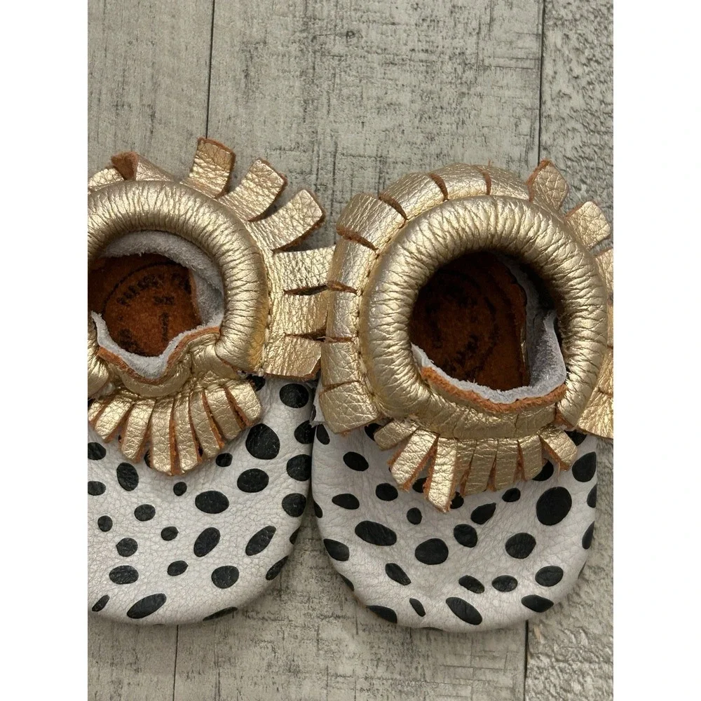 Freshly Picked Girls' Dalmatian Metallic Fringed Moccasins - Baby Size 1